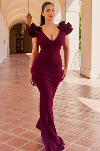 TECHNO CREPE RUFFLE DETAIL MAXI DRESS