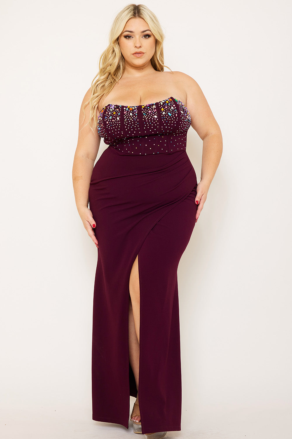 MULTI SIZE RHINESTONE BUSTIER PLUS SIZE MAXI DRESS