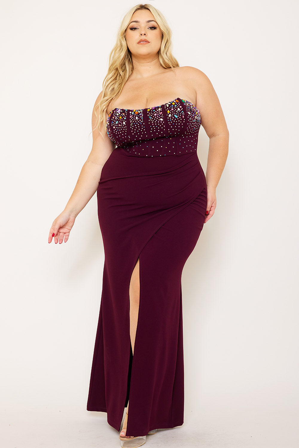 MULTI SIZE RHINESTONE BUSTIER PLUS SIZE MAXI DRESS