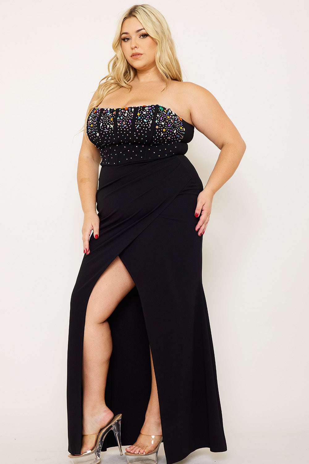 MULTI SIZE RHINESTONE BUSTIER PLUS SIZE MAXI DRESS