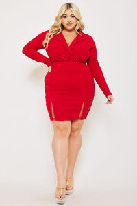 OPEN BACK COLLAR FRONT PLUS SIZE MINI DRESS