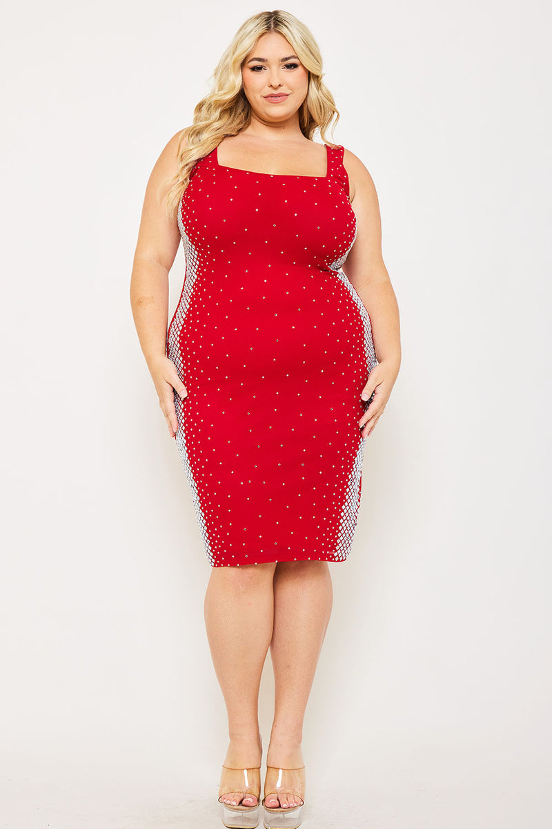 SQUARE RHINESTONE ON THE SIDE PLUS SIZE MIDI DRESS