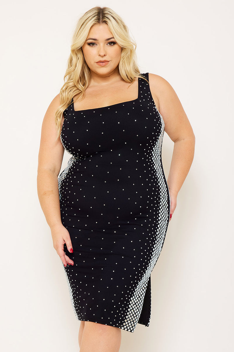 SQUARE RHINESTONE ON THE SIDE PLUS SIZE MIDI DRESS