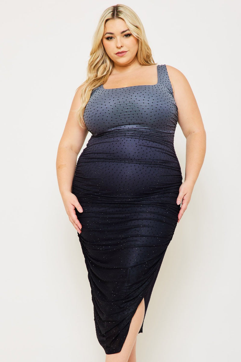 RHINESTONE RUCHED SLINKY PLUS SIZE MAXI DRESS