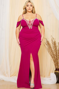 RHINSTONE TRIM WITH MESH PLUS SIZE MAXI DRESS