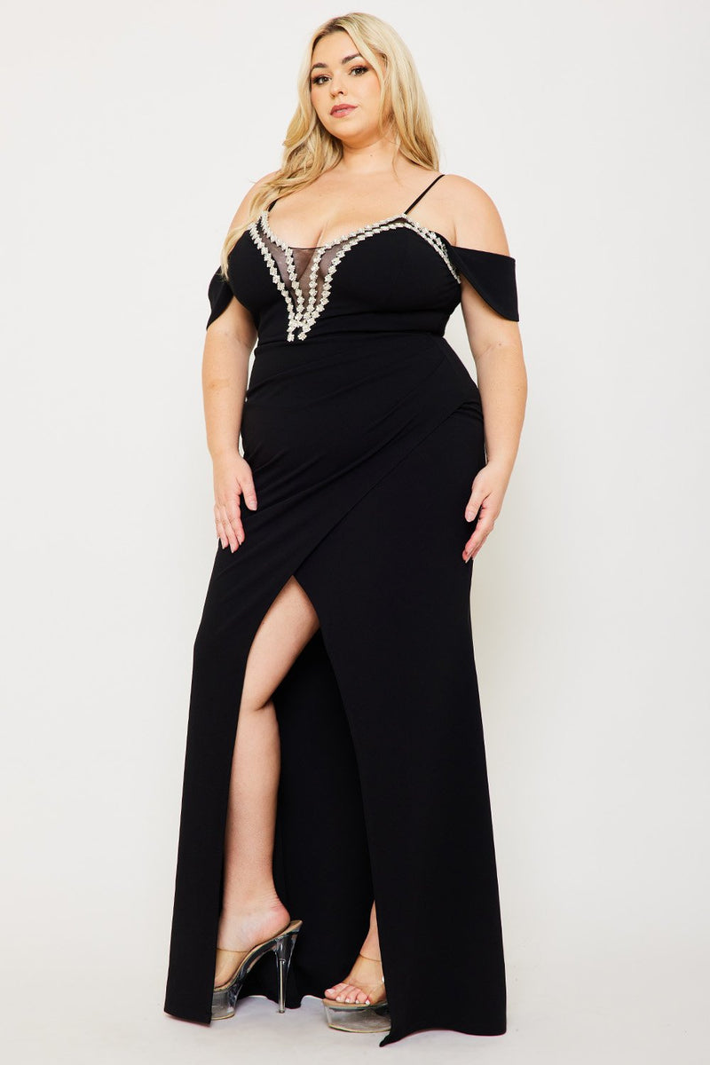 RHINSTONE TRIM WITH MESH PLUS SIZE MAXI DRESS