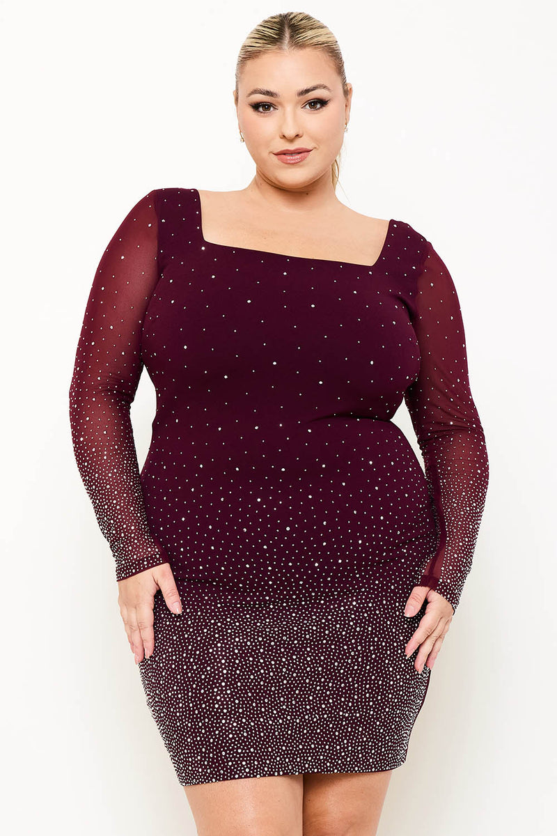 OMBRE RHINESTONE ON MESH PLUS SIZE MINI DRESS