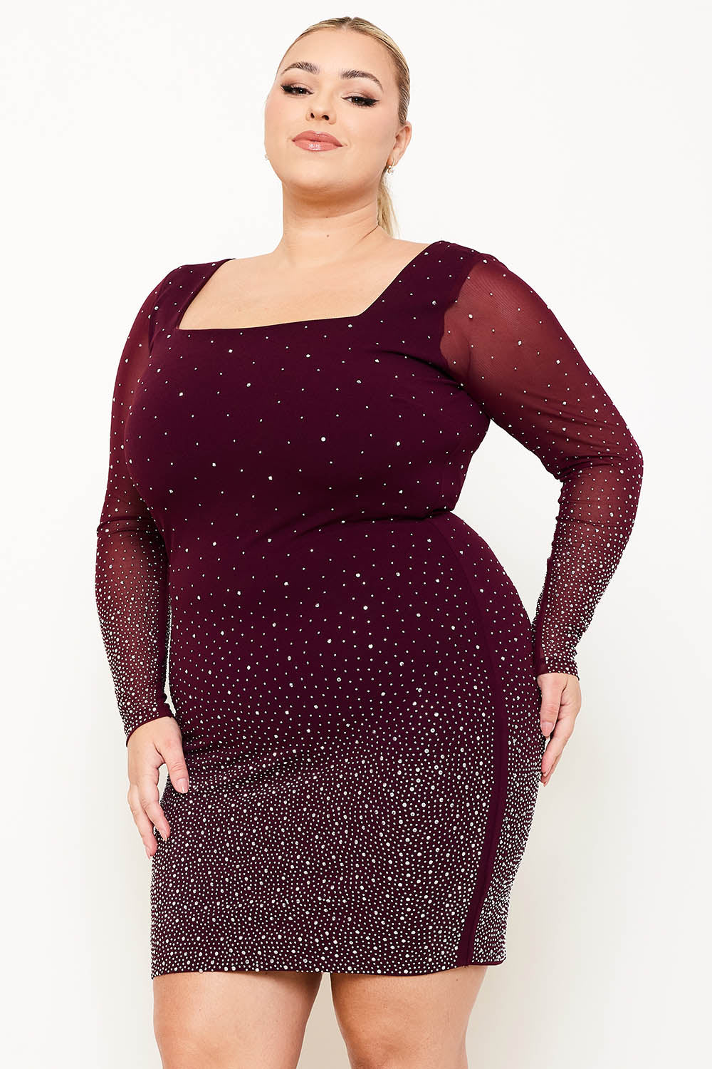 OMBRE RHINESTONE ON MESH PLUS SIZE MINI DRESS