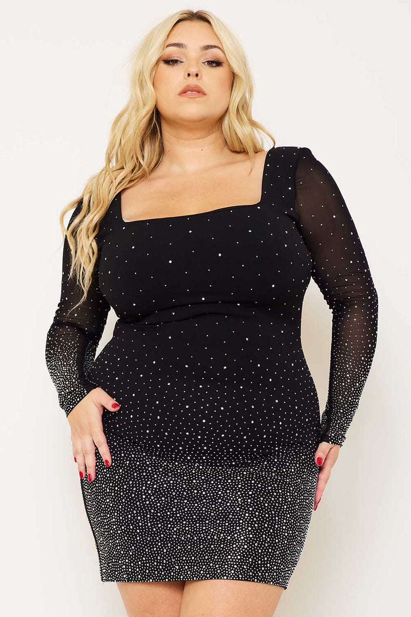 OMBRE RHINESTONE ON MESH PLUS SIZE MINI DRESS