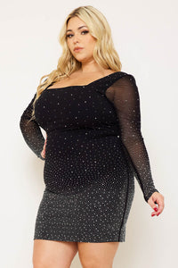 OMBRE RHINESTONE ON MESH PLUS SIZE MINI DRESS