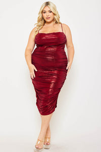 METALLIC PLEATED PLUS SIZE MIDI DRESS