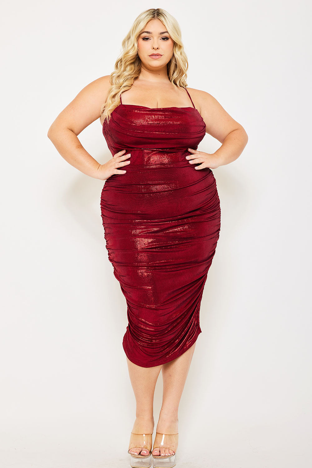 METALLIC PLEATED PLUS SIZE MIDI DRESS