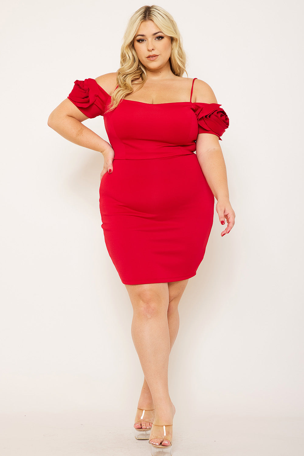 FLOWER OBLIQUE ON SLEEVE PLUS SIZE MINI DRESS