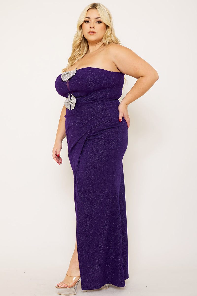 GLITTERED WITH RHINESTONE BOW FRONT PLUS SIZE MAXI DRESS