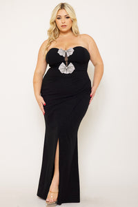 GLITTERED WITH RHINESTONE BOW FRONT PLUS SIZE MAXI DRESS