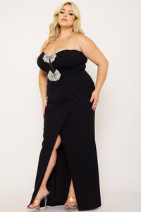 GLITTERED WITH RHINESTONE BOW FRONT PLUS SIZE MAXI DRESS