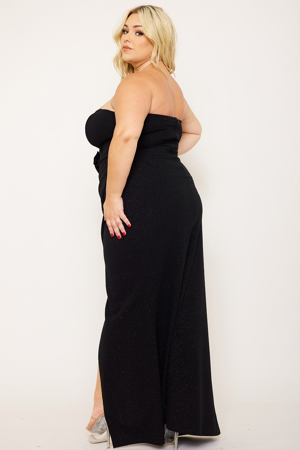 GLITTERED WITH RHINESTONE BOW FRONT PLUS SIZE MAXI DRESS