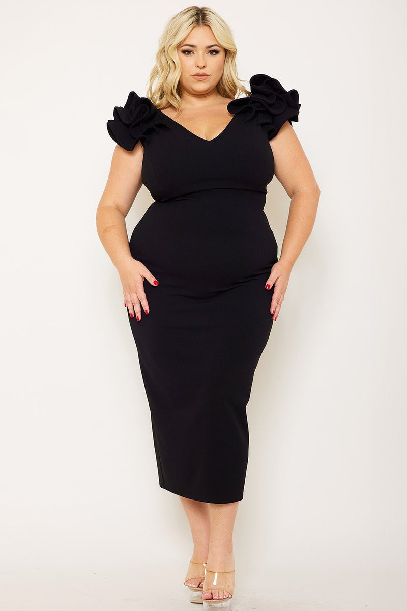 RUFFLE DETAILSHOULDER PLUS SIZE MIDI  DRESS