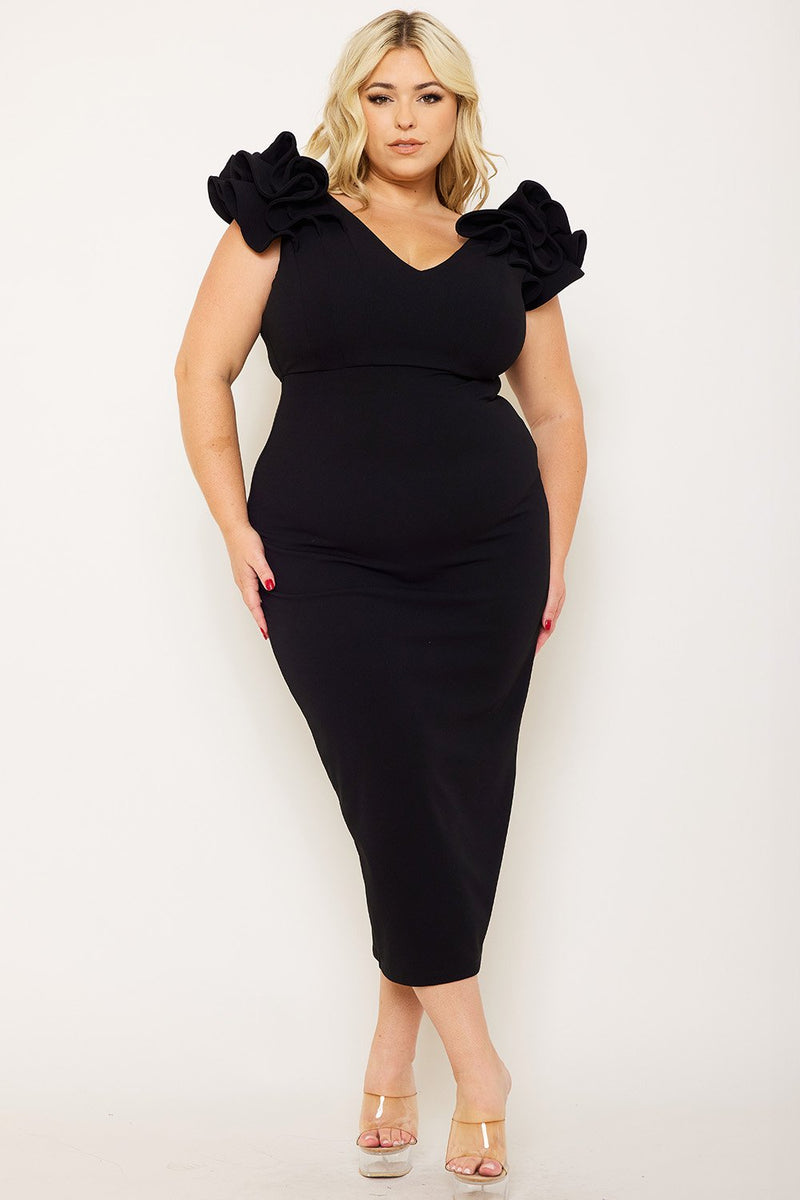 RUFFLE DETAILSHOULDER PLUS SIZE MIDI  DRESS