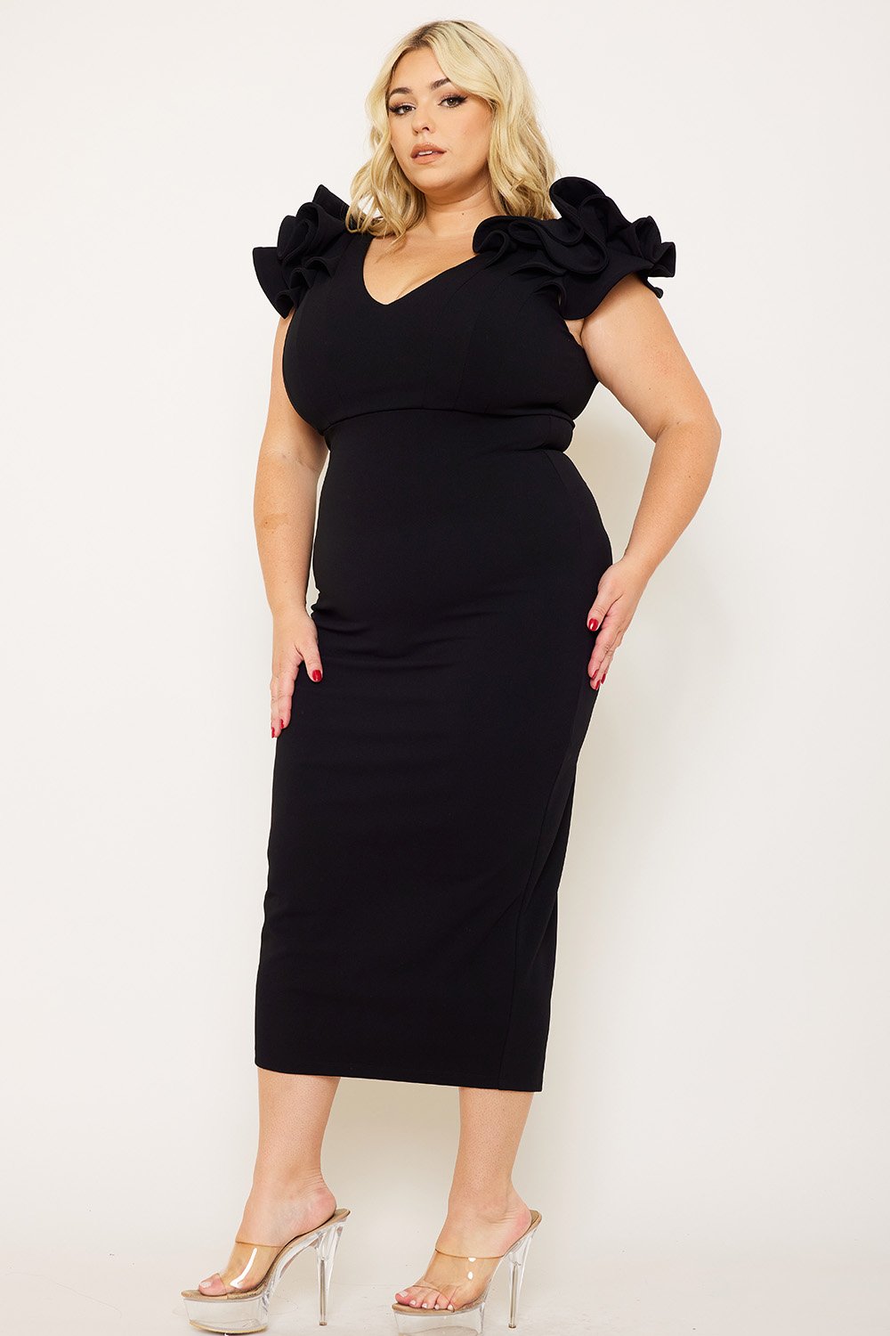 RUFFLE DETAILSHOULDER PLUS SIZE MIDI  DRESS