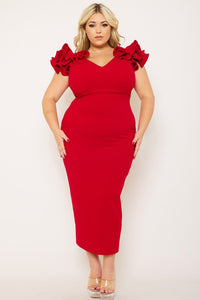 RUFFLE DETAILSHOULDER PLUS SIZE MIDI  DRESS