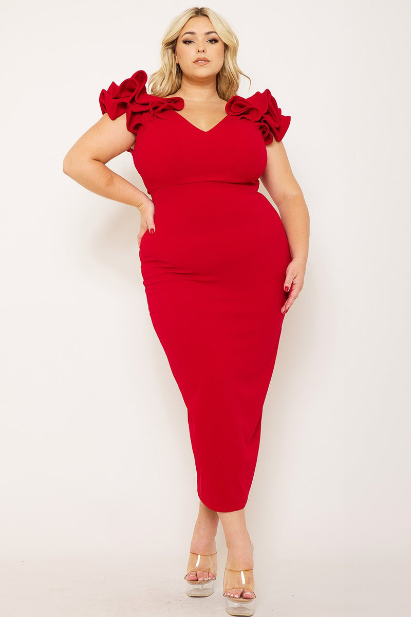 RUFFLE DETAILSHOULDER PLUS SIZE MIDI  DRESS