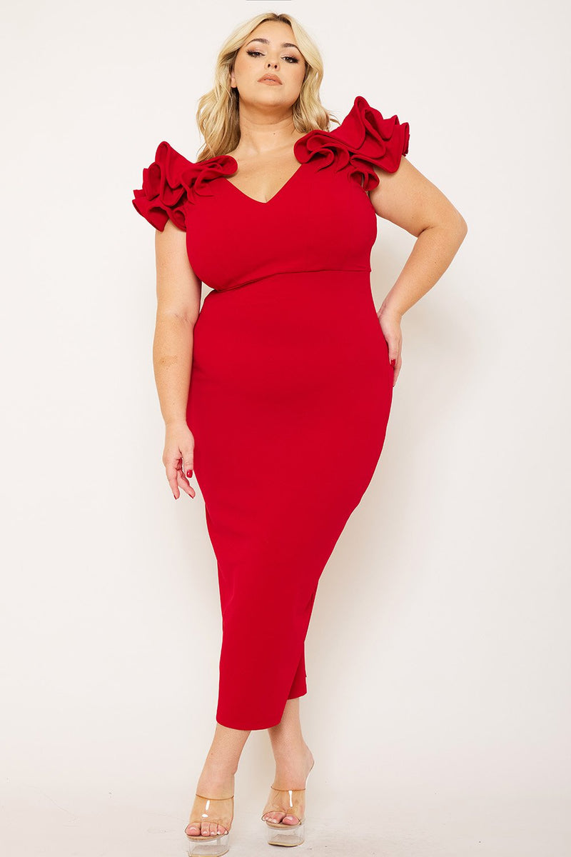 RUFFLE DETAILSHOULDER PLUS SIZE MIDI  DRESS