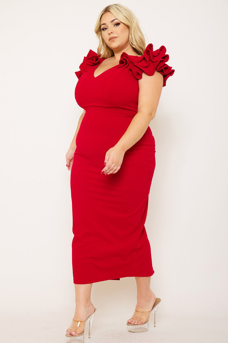 RUFFLE DETAILSHOULDER PLUS SIZE MIDI  DRESS