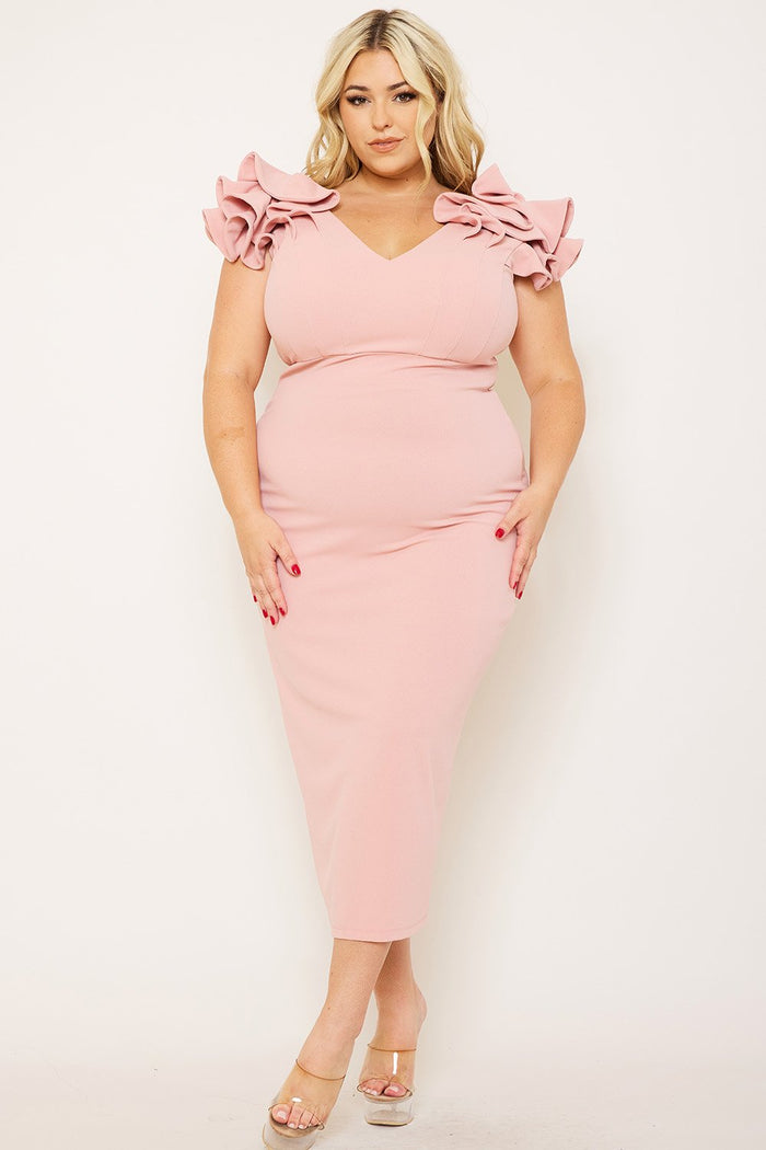 RUFFLE DETAILSHOULDER PLUS SIZE MIDI  DRESS