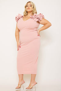 RUFFLE DETAILSHOULDER PLUS SIZE MIDI  DRESS