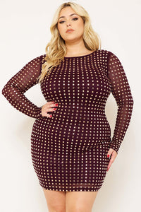 SQUARE RHINESTONE LONG SLEEVE PLUS SIZE MINI DRESS