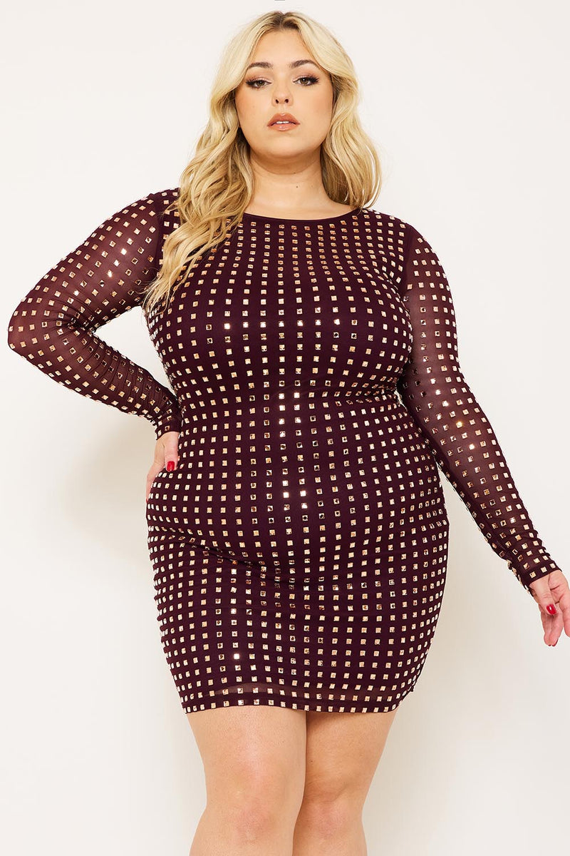 SQUARE RHINESTONE LONG SLEEVE PLUS SIZE MINI DRESS