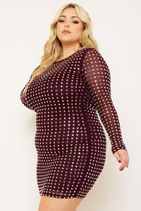 SQUARE RHINESTONE LONG SLEEVE PLUS SIZE MINI DRESS