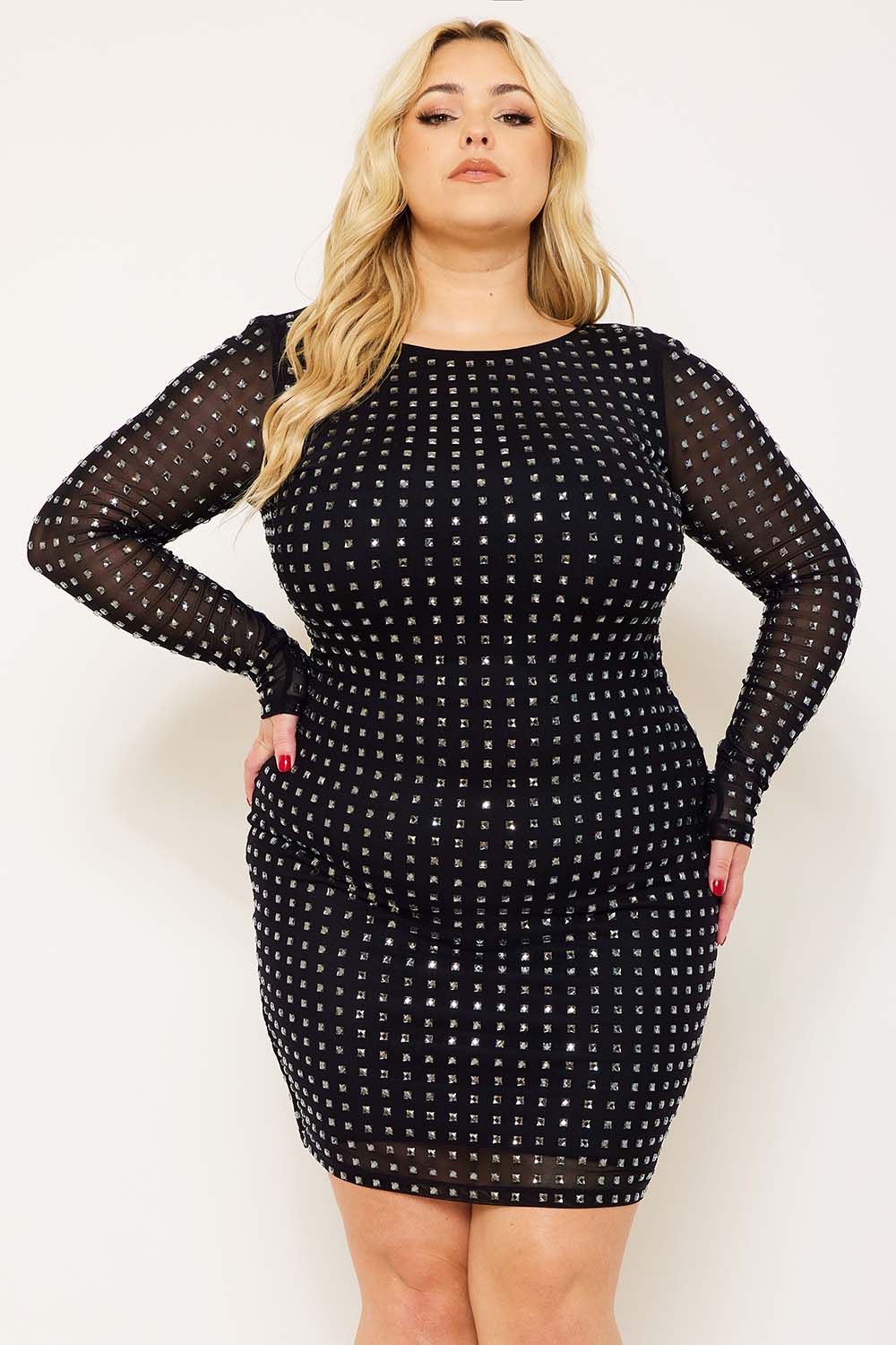 SQUARE RHINESTONE LONG SLEEVE PLUS SIZE MINI DRESS