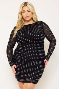 SQUARE RHINESTONE LONG SLEEVE PLUS SIZE MINI DRESS