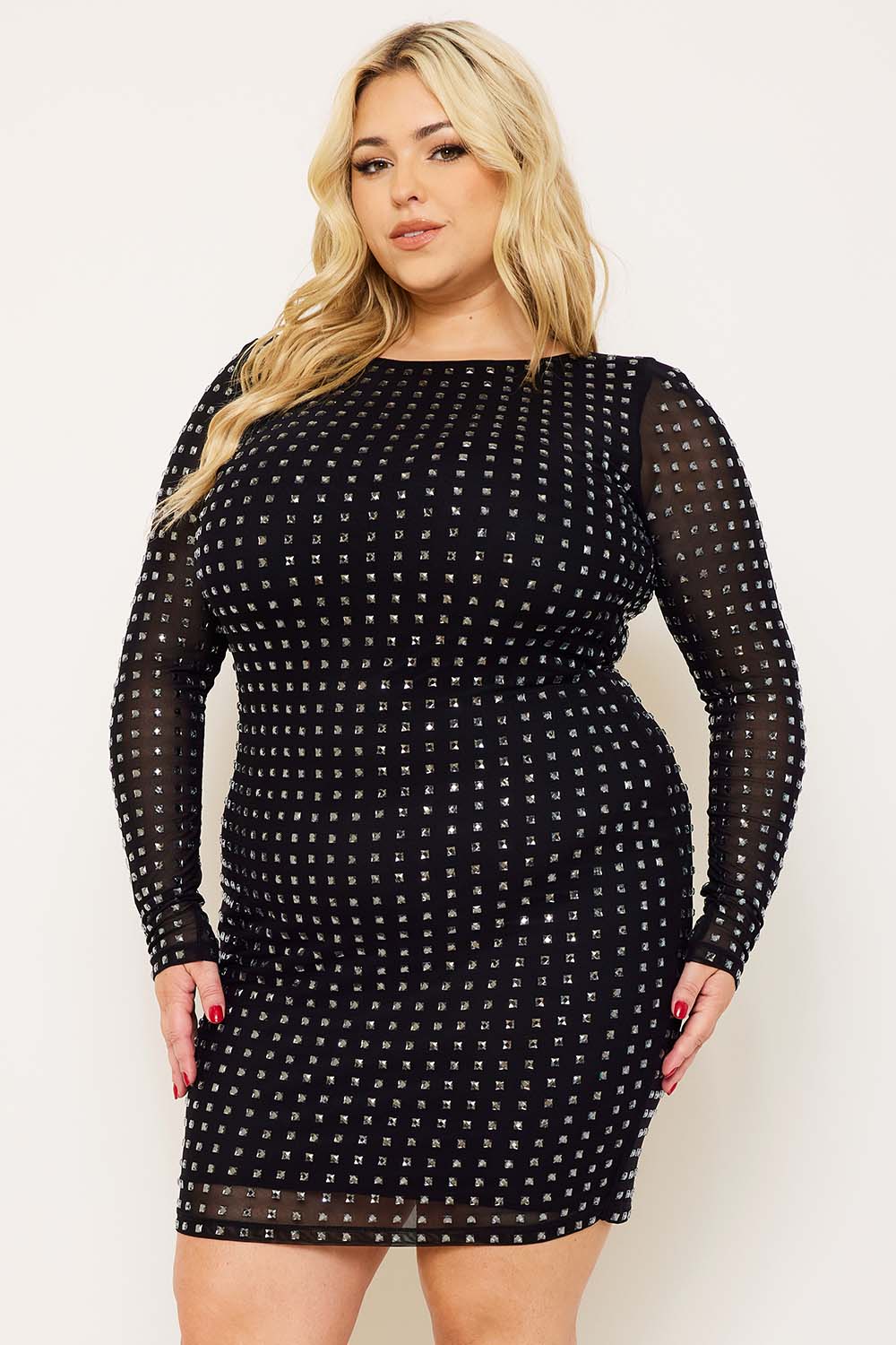 SQUARE RHINESTONE LONG SLEEVE PLUS SIZE MINI DRESS