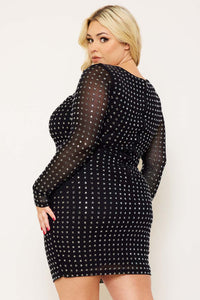 SQUARE RHINESTONE LONG SLEEVE PLUS SIZE MINI DRESS