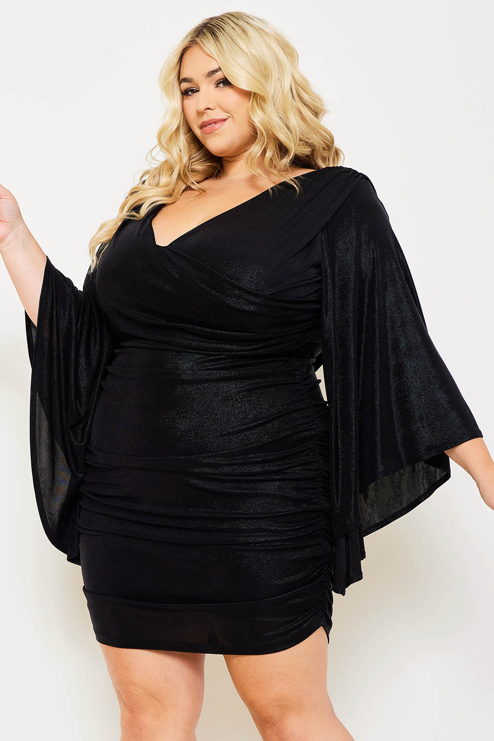 METALLIC FOIL KIMONO SLEEVE PLEATED PLUS SIZE MINI DRESS