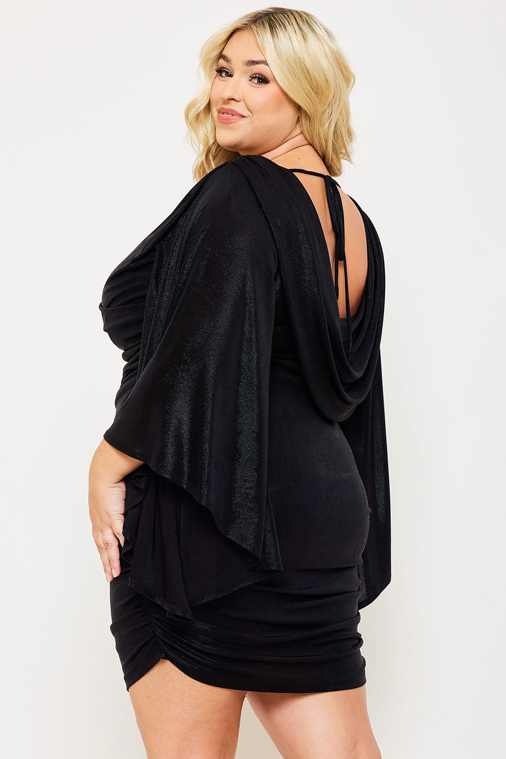 METALLIC FOIL KIMONO SLEEVE PLEATED PLUS SIZE MINI DRESS