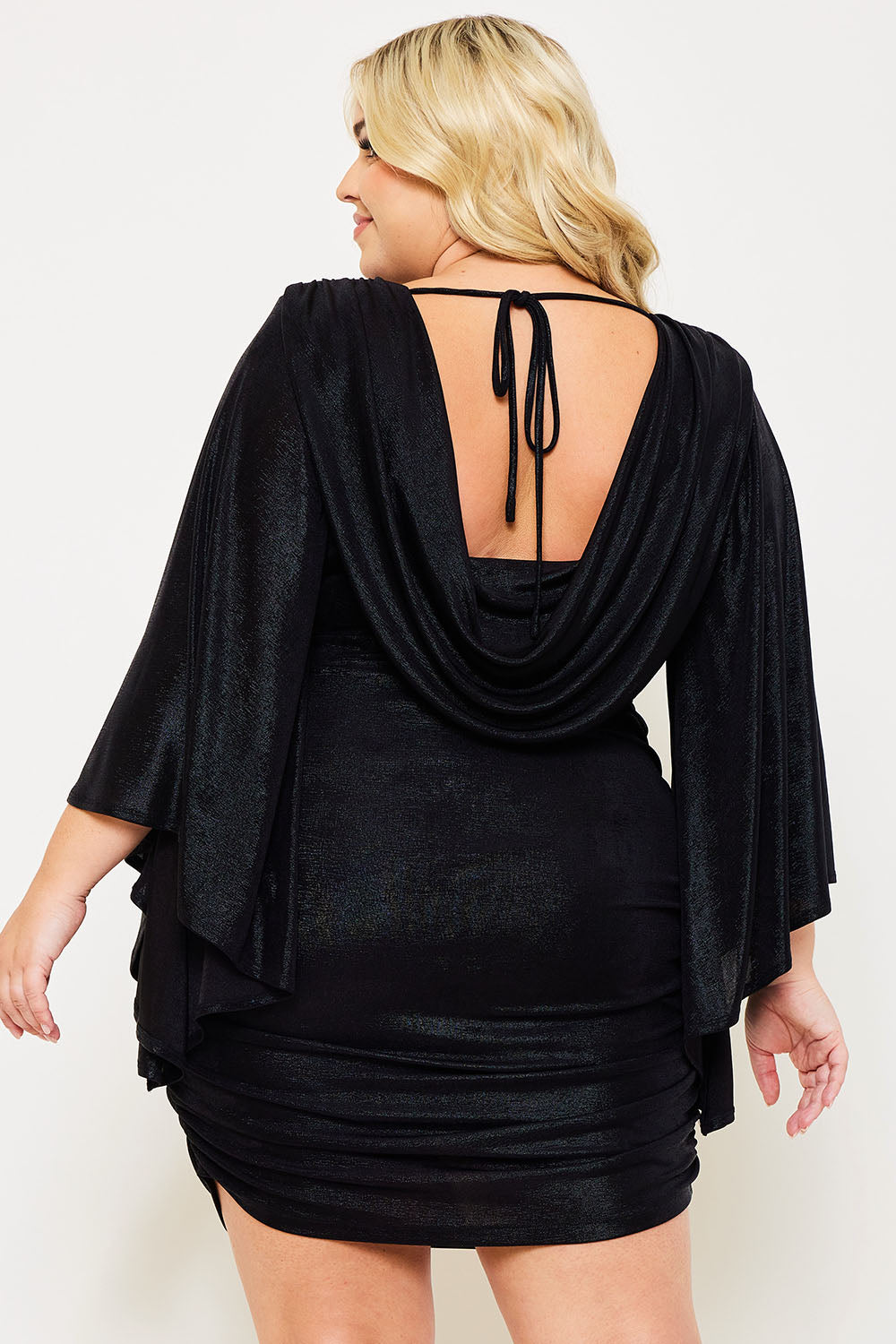 METALLIC FOIL KIMONO SLEEVE PLEATED PLUS SIZE MINI DRESS