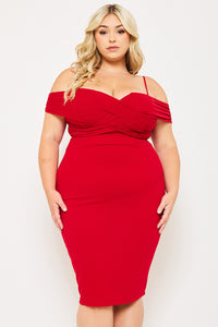 PLEATED DETAIL OPEN SHOULDER PLUS SIZE MINI DRESS