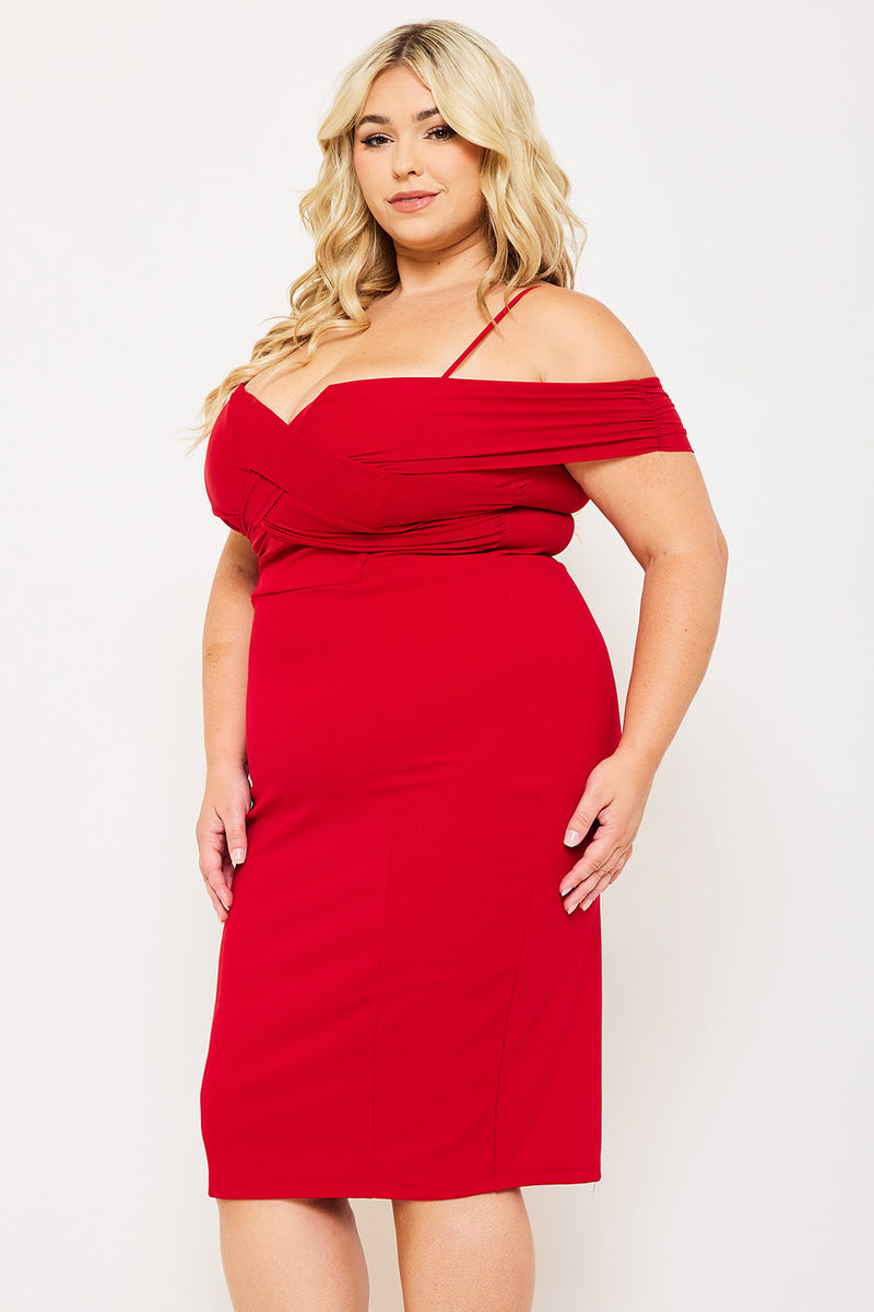 PLEATED DETAIL OPEN SHOULDER PLUS SIZE MINI DRESS