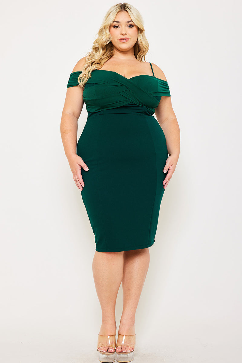 PLEATED DETAIL OPEN SHOULDER PLUS SIZE MINI DRESS