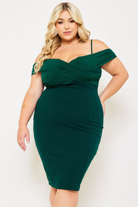 PLEATED DETAIL OPEN SHOULDER PLUS SIZE MINI DRESS