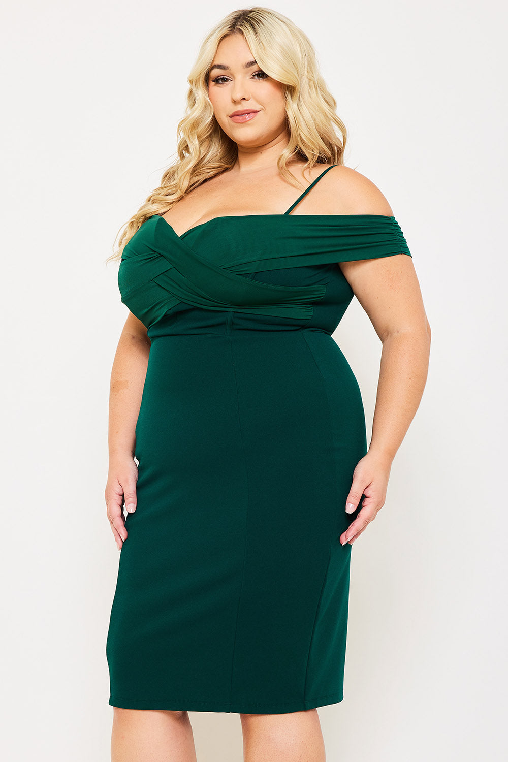 PLEATED DETAIL OPEN SHOULDER PLUS SIZE MINI DRESS