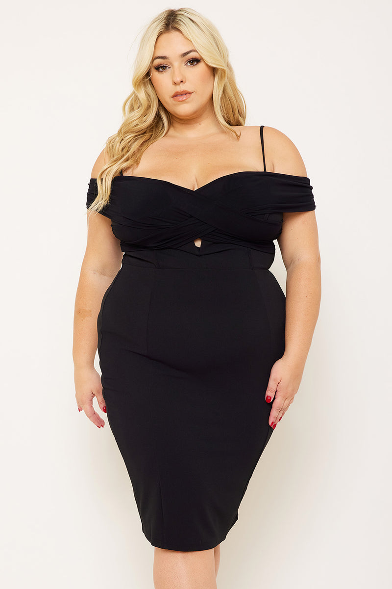 PLEATED DETAIL OPEN SHOULDER PLUS SIZE MINI DRESS