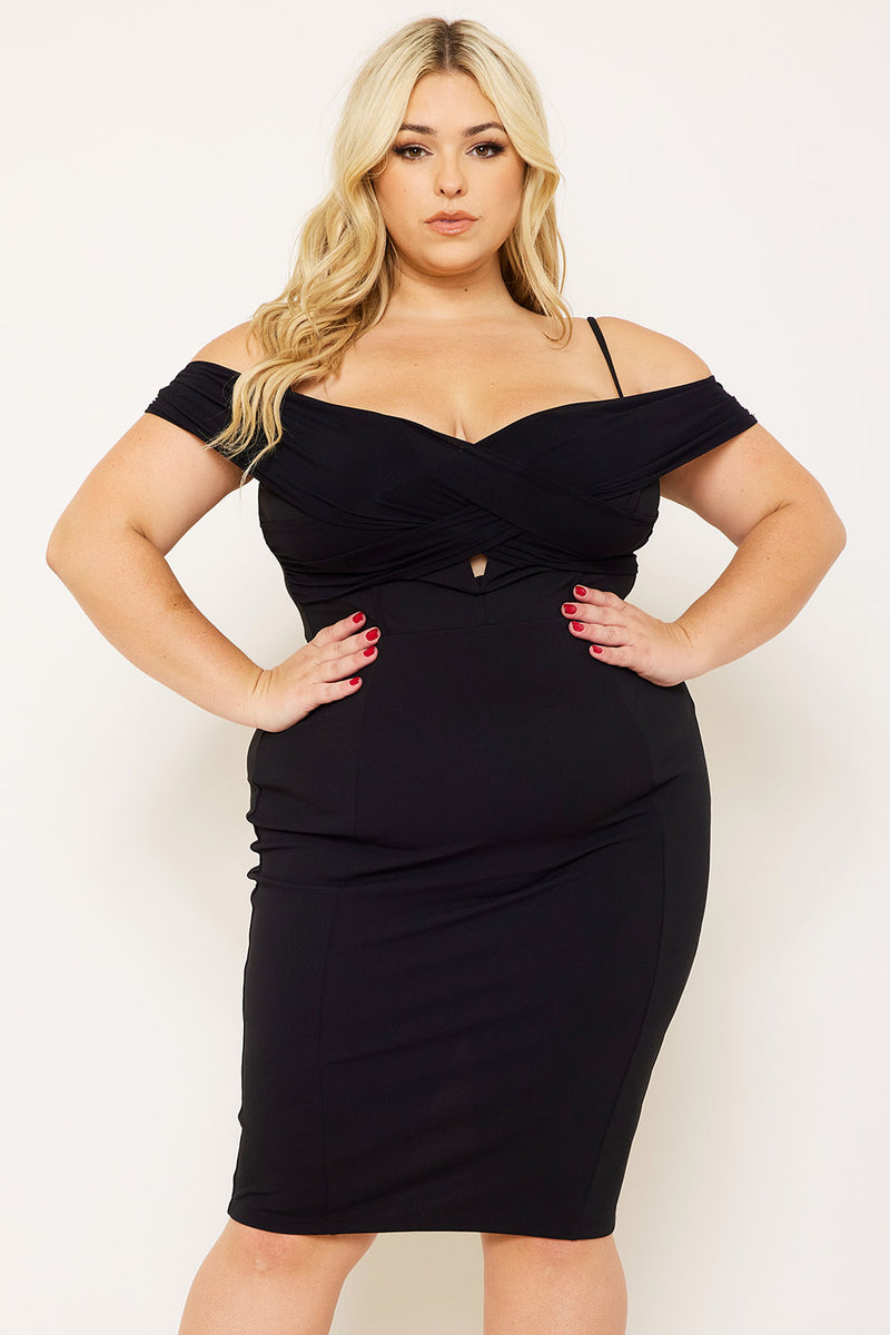 PLEATED DETAIL OPEN SHOULDER PLUS SIZE MINI DRESS