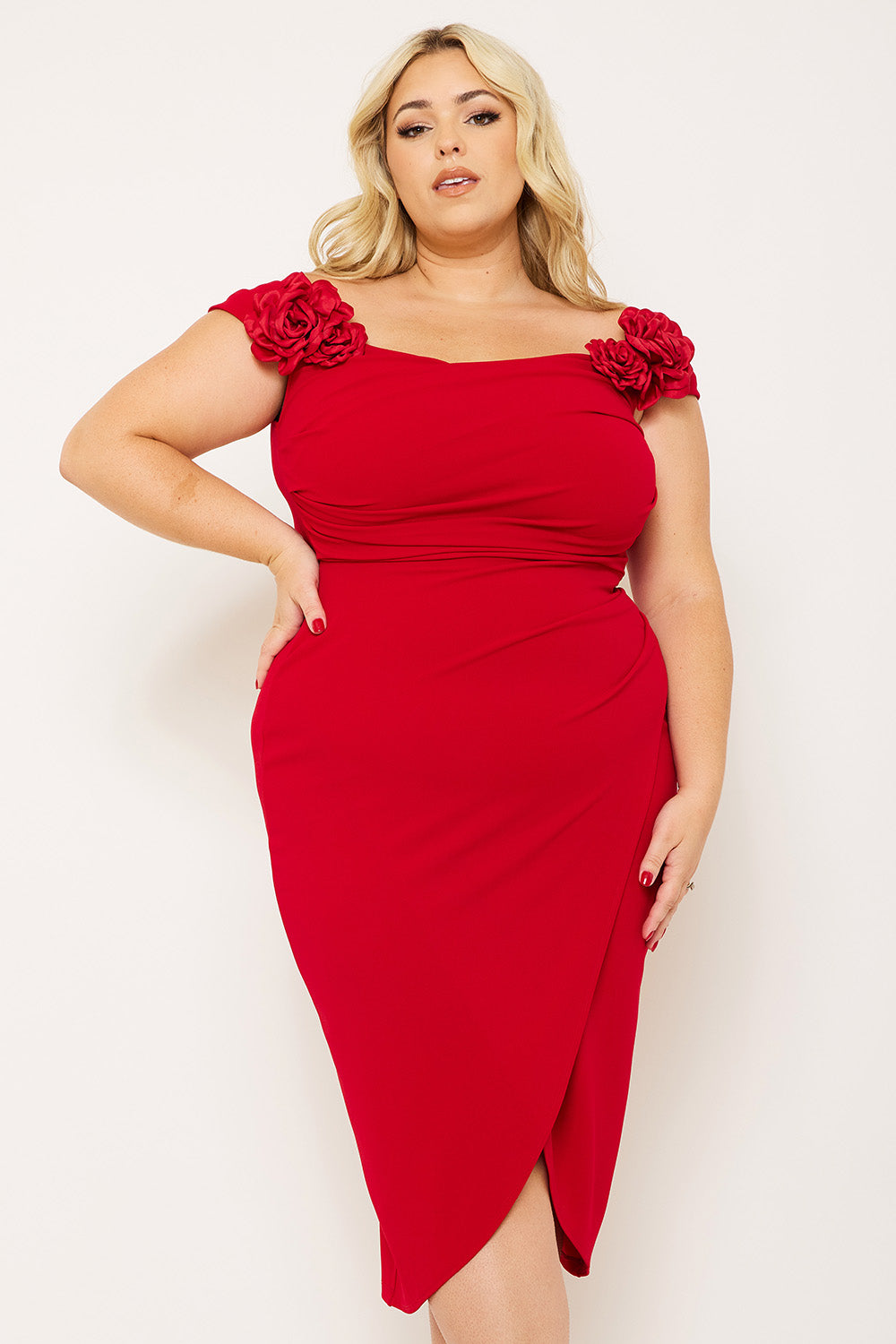 FLOWER ON SHOULDER PLUS SIZE MIDI DRESS