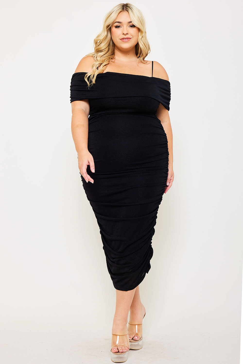 GLITTER OPEN SHOULDER PLUS SIZE MIDI DRESS