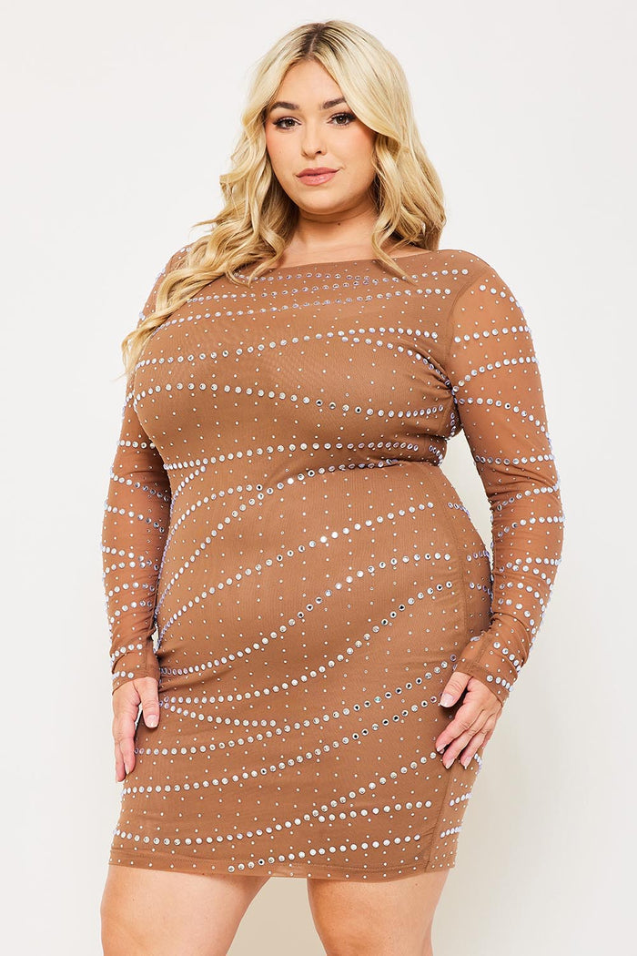 MULTI SIZE RHINESTONE MESH PLUS SIZE MINI DRESS